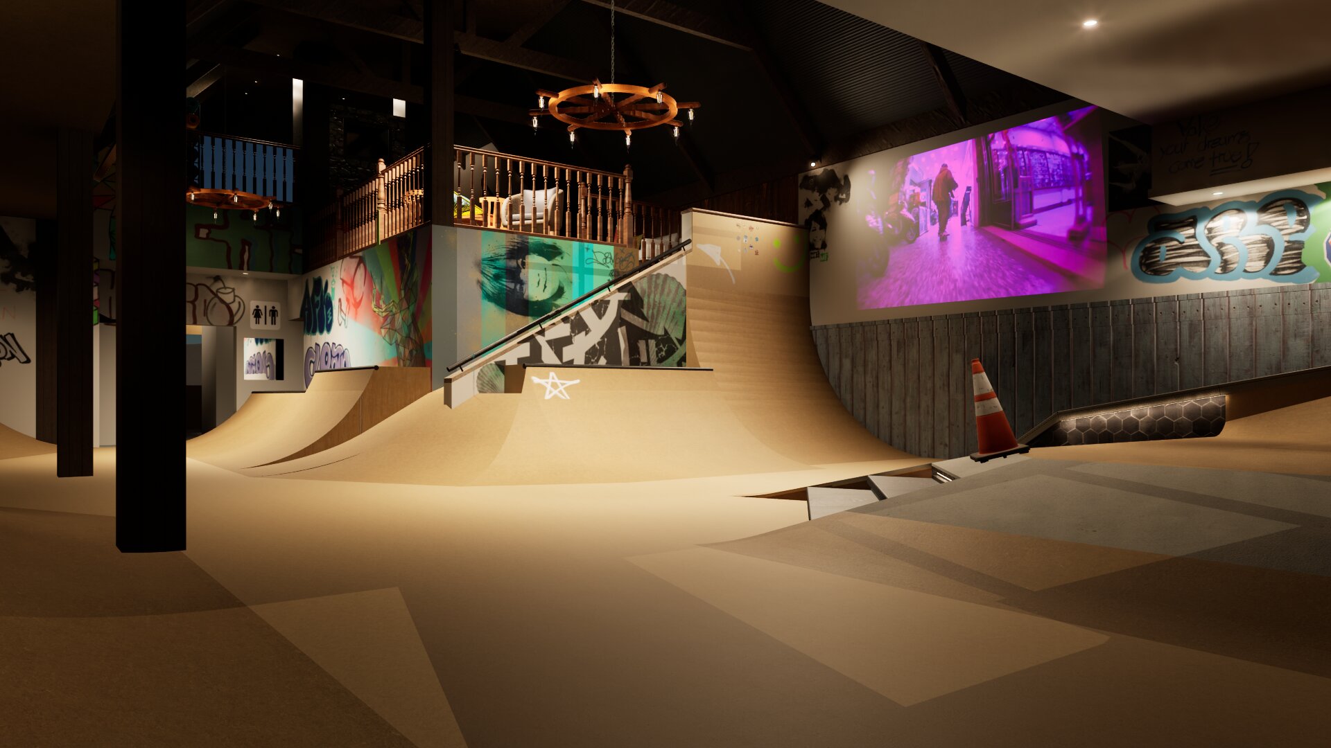 Belong Youth Centre interior showing ramps, art, and gathering space