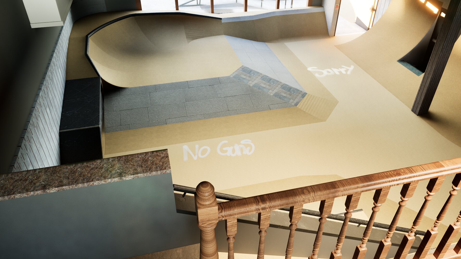 Belong Youth Centre overlook showing bowl, deck, and reused building interior