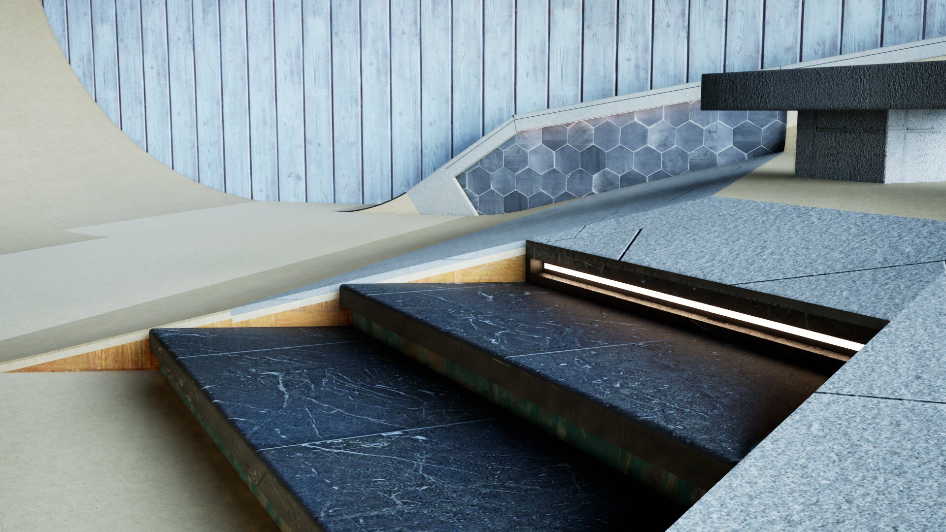 Belong Youth Centre stairs and ledge detail with lighting