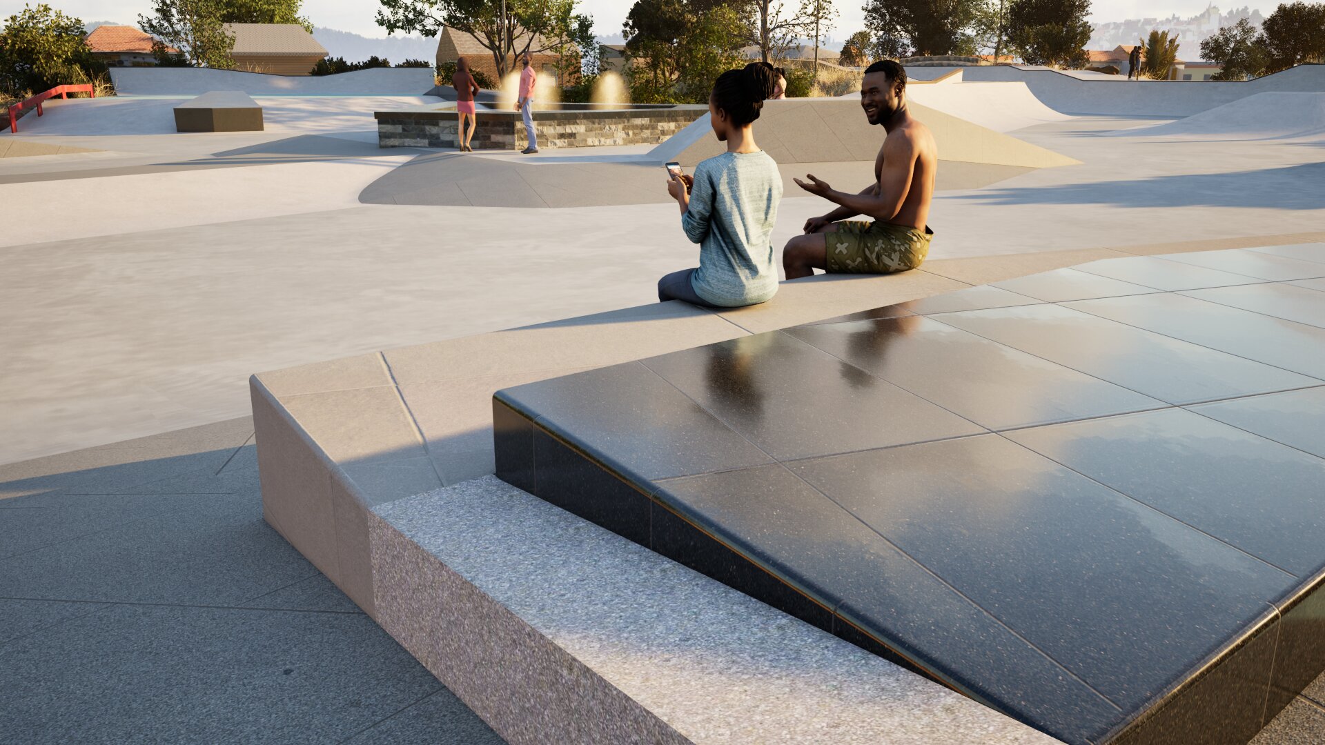 Knucklehds skatepark concept showing people gathering beside the skate terrain