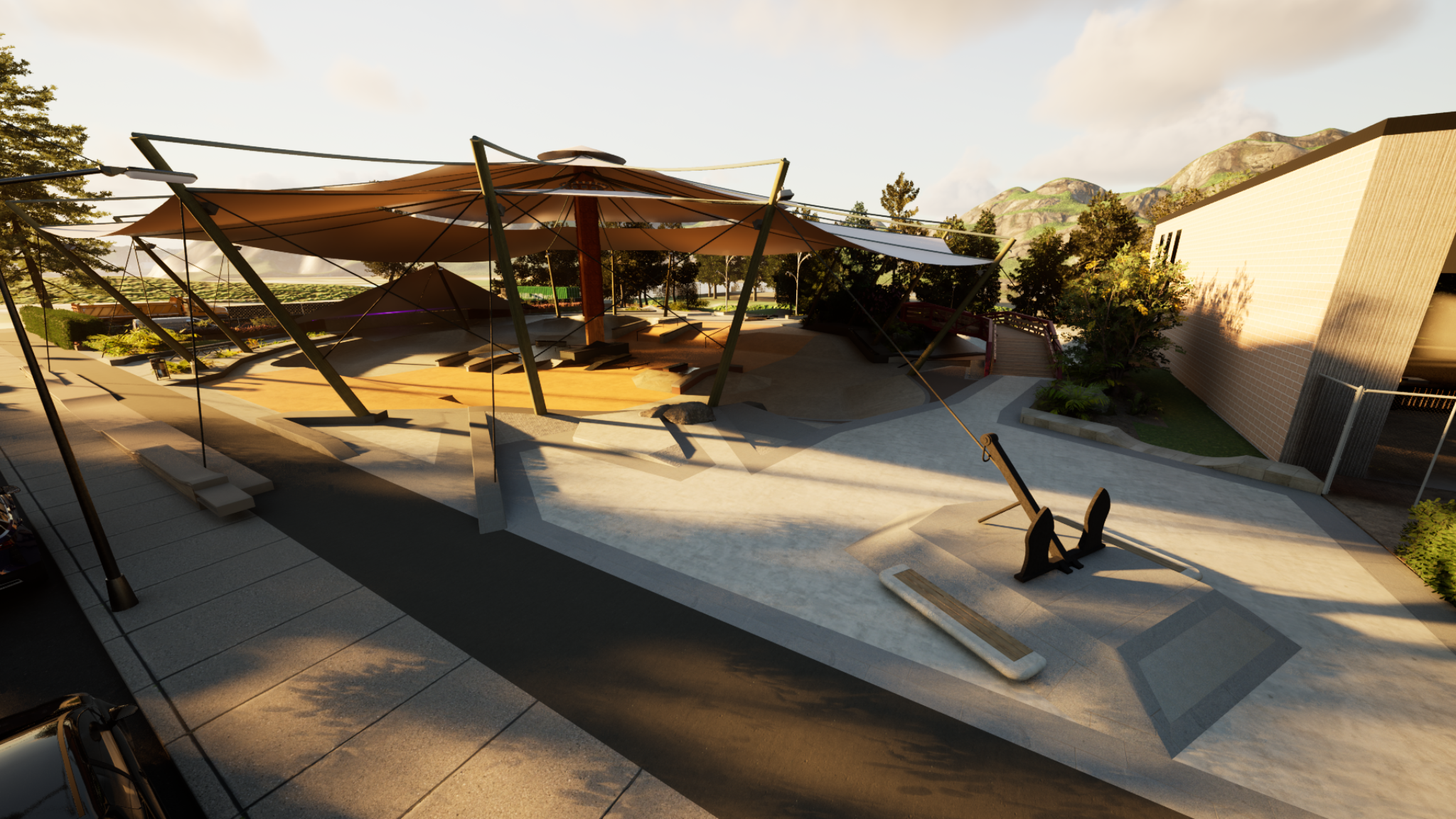 Port Moody Renovation overview showing central canopy, plaza, and varied terrain