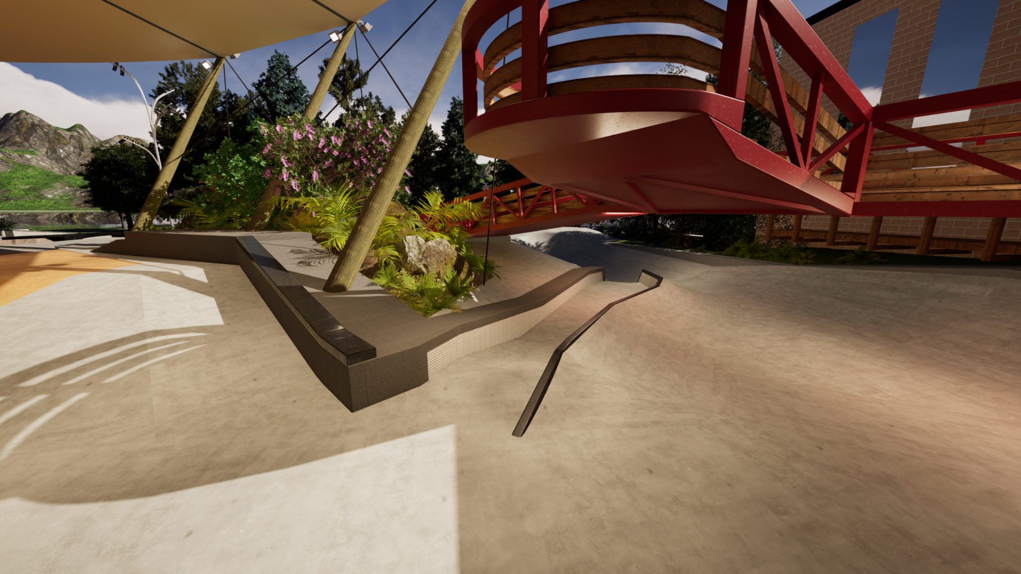 Port Moody Renovation approach view toward the canopy structure and plaza