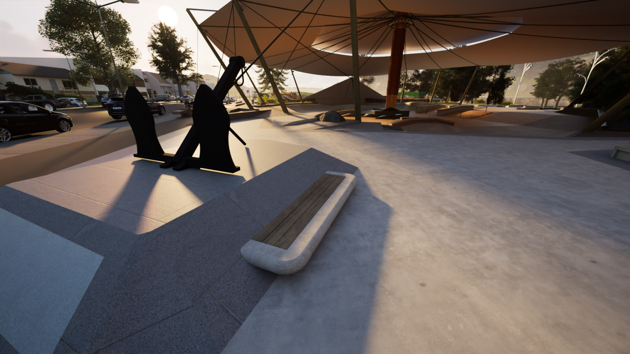 Port Moody Renovation concept showing red bridge and shaded skate plaza