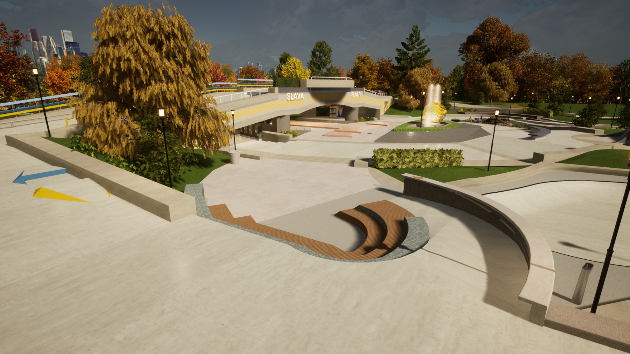 Ukraine concept overview showing plaza, fountain, bridge, and landscape terrain