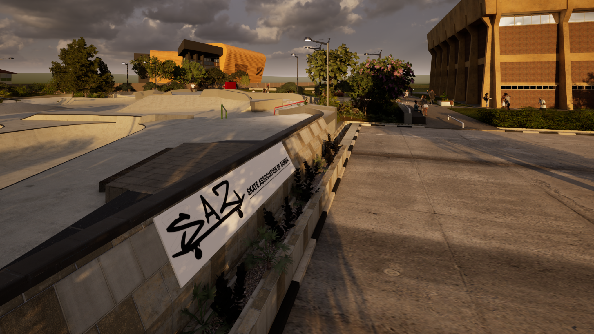 Zambia concept entry view showing skate plaza and civic frontage