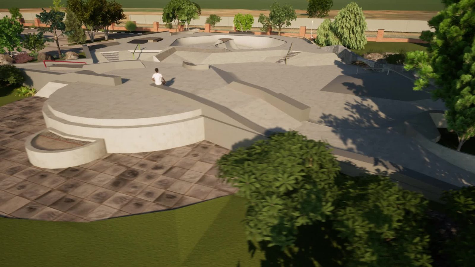 Zilla Skatepark concept overview showing the park layout and surrounding landscape